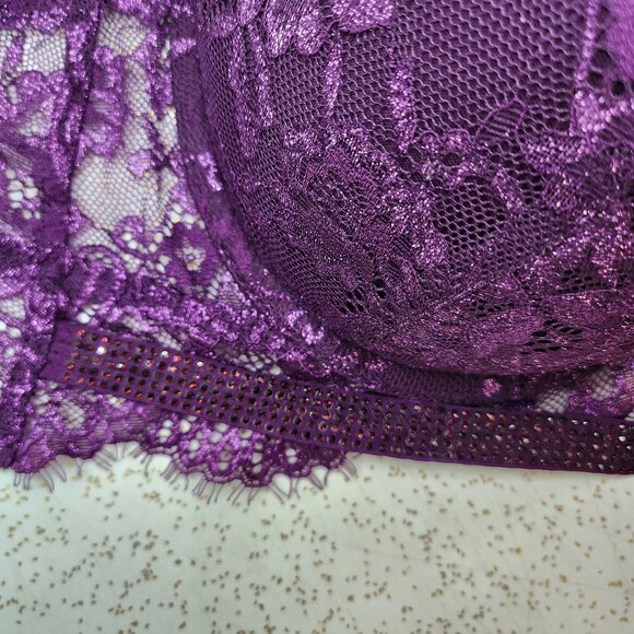 Purple Lace Underwire Plunge Bra With Rhinestone Embellishments - Picture 7 of 12